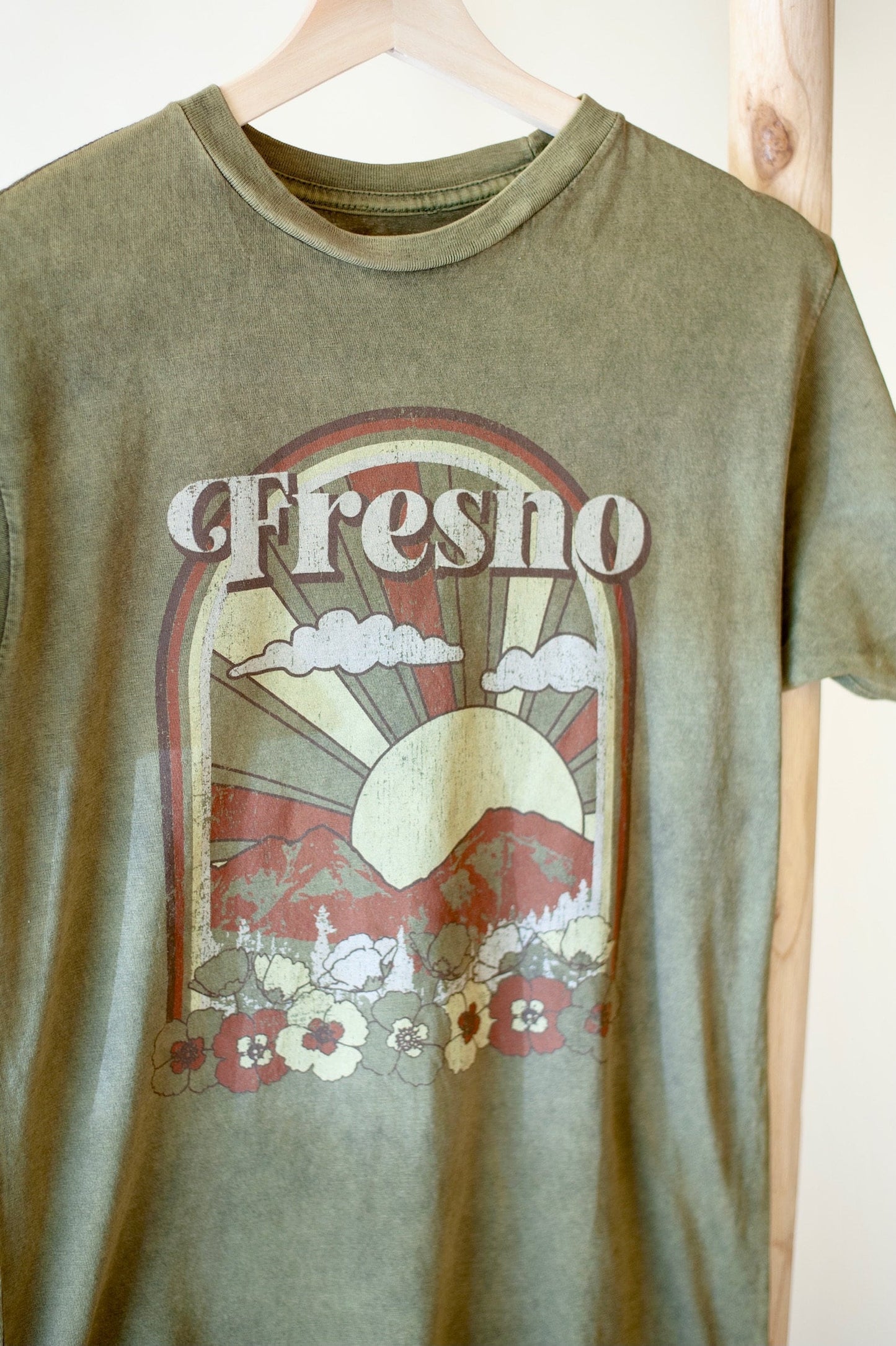Unisex Olive Mineral Wash 100% Cotton Short Sleeve Fresno Tee Shirt