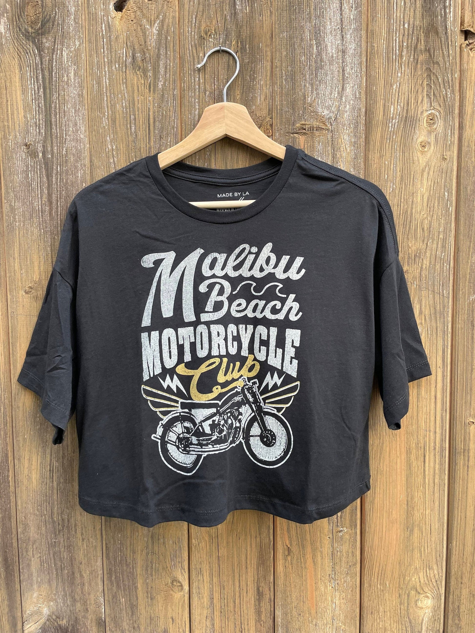 Boxy Cropped Malibu Beach Motorcycle Club Black Drop Shoulder Tee