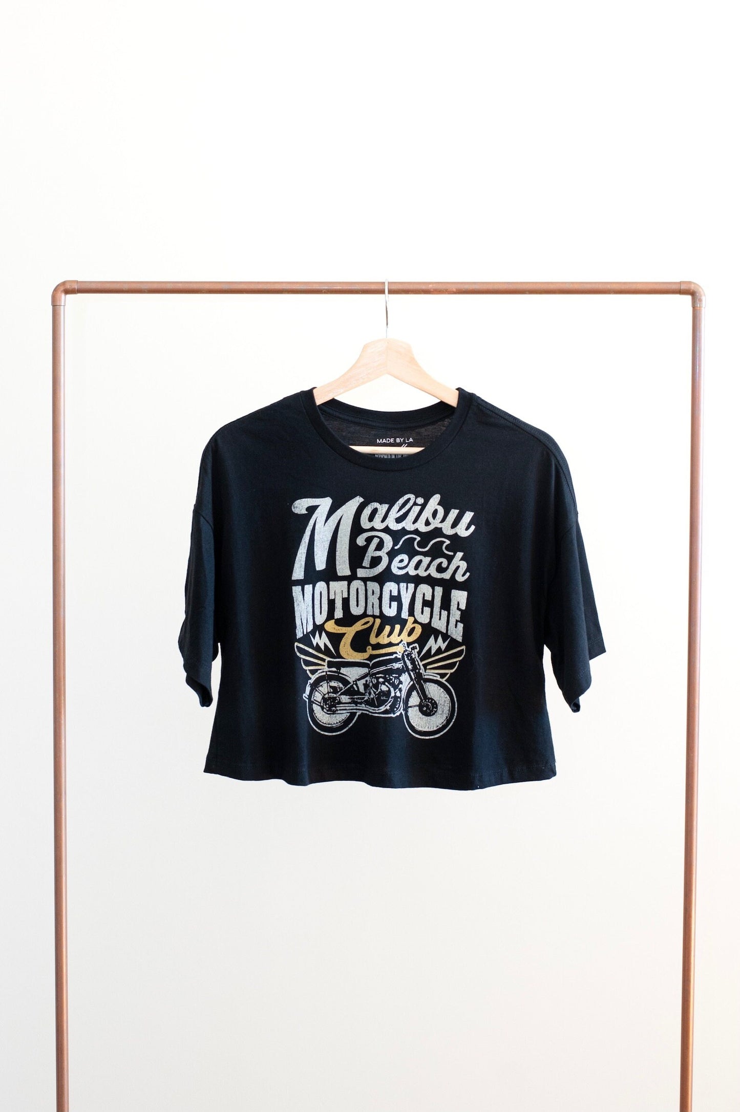 Boxy Cropped Malibu Beach Motorcycle Club Black Drop Shoulder Tee