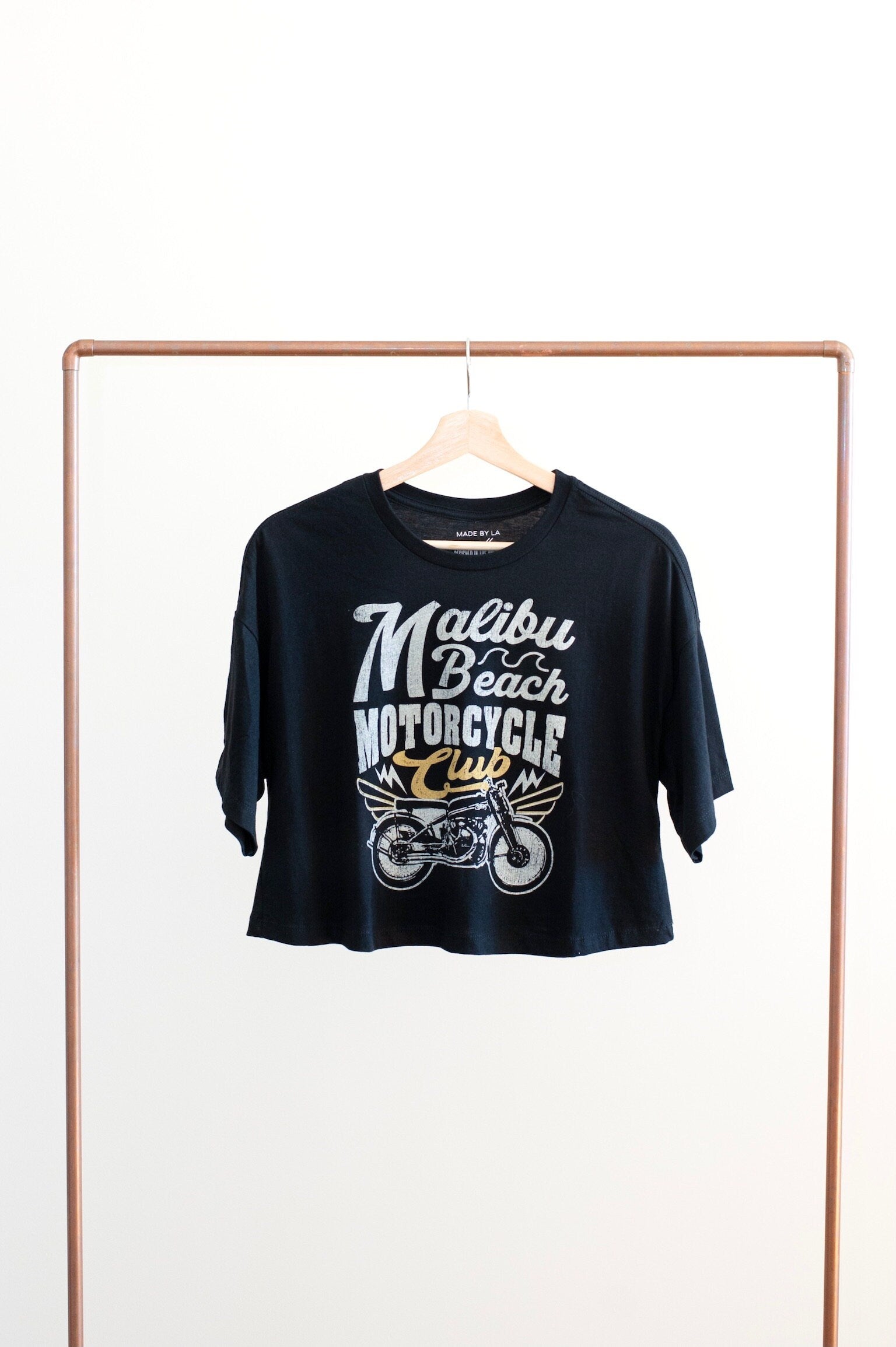 Boxy Cropped Malibu Beach Motorcycle Club Black Drop Shoulder Tee