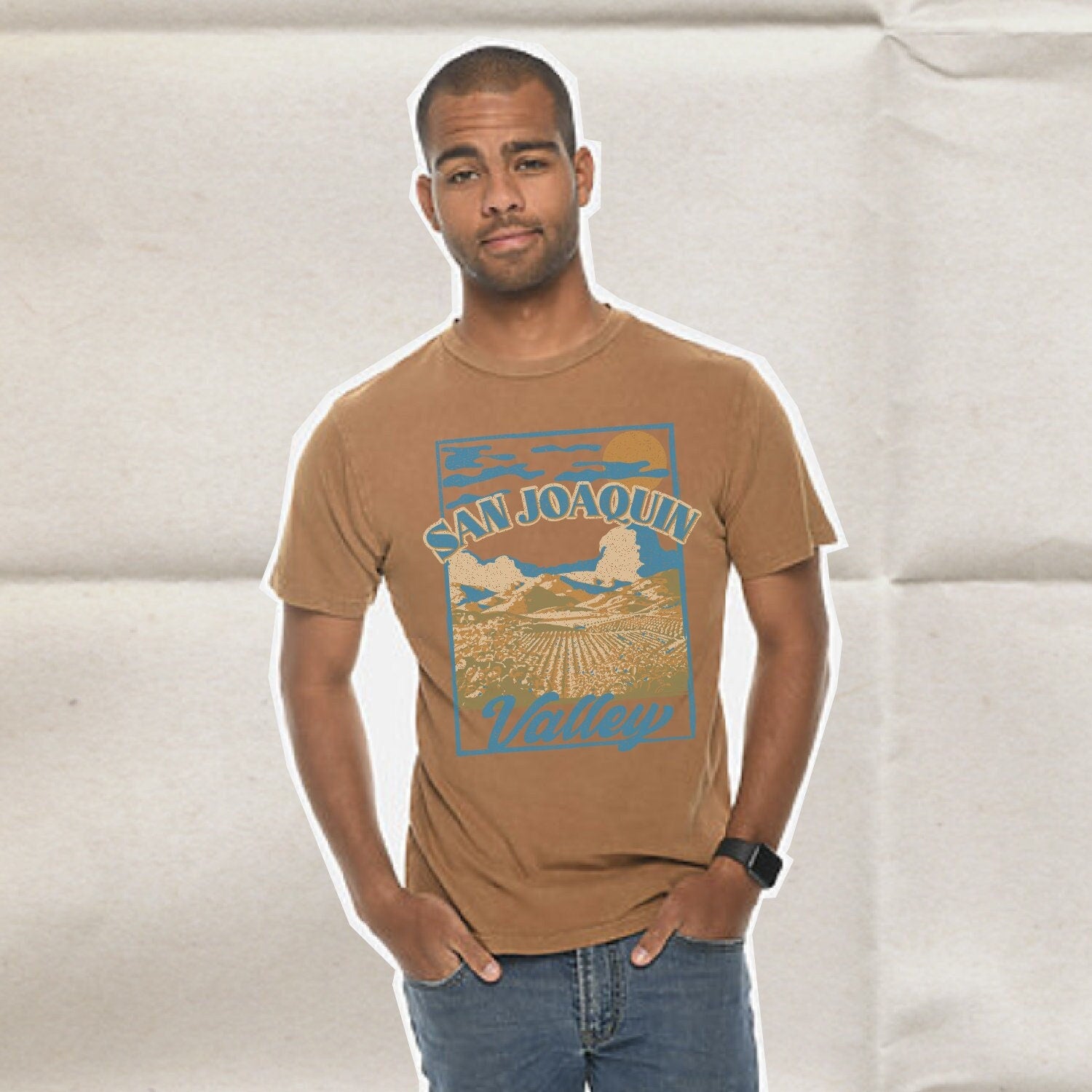 Unisex Camel Mineral Wash 100% Cotton Short Sleeve San Joaquin Valley Tee Shirt
